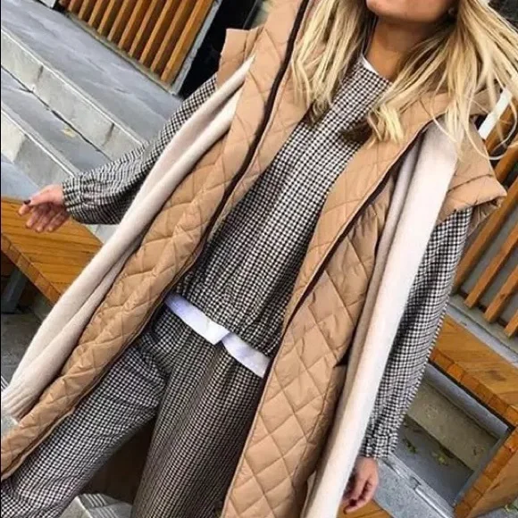 Kylie Puffer Long Midi Quilted Vest Cap Sleeve Stylish Collar W/Oversized Hood - Picture 2 of 6